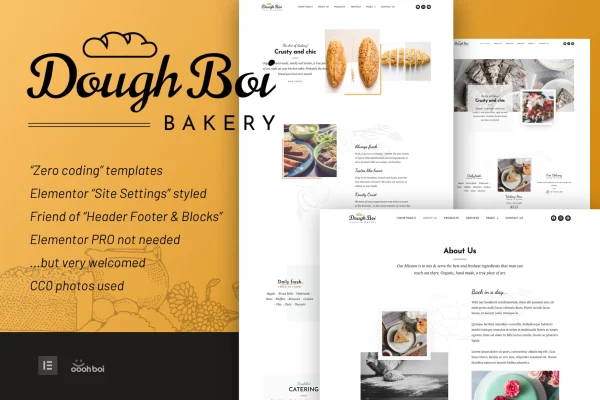 DoughBoiBakery Elementor template kit preview showing bakery website page layouts