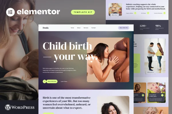Doula Elementor template kit preview showing maternity and postpartum care website pages