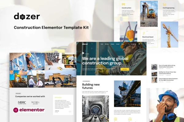 Dozer construction Elementor template kit preview showing website page layouts