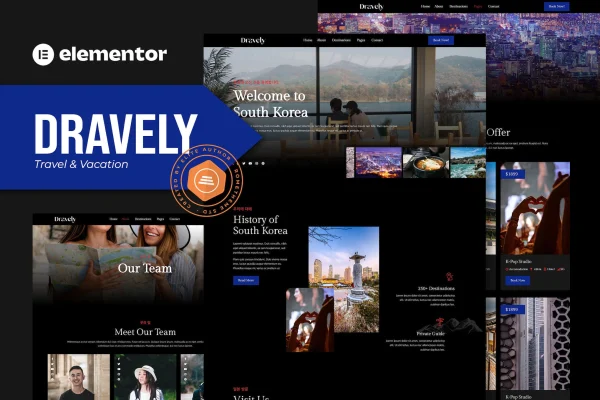 Dravely travel and vacation Elementor template kit cover with dark-themed page designs