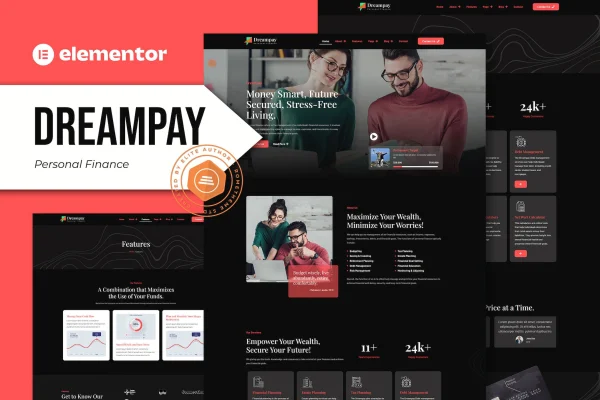 Dreampay personal finance Elementor template kit cover with dark-themed website pages