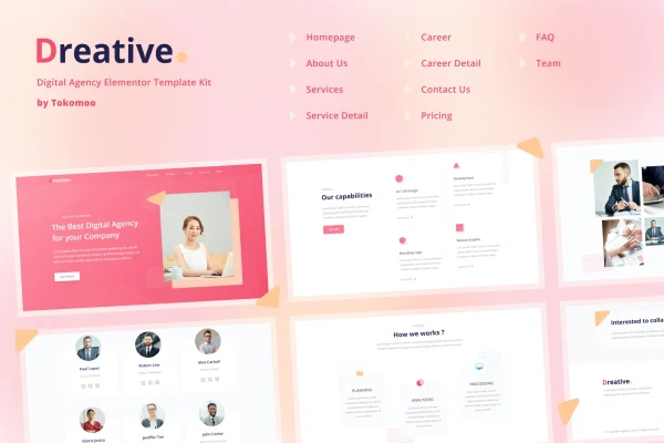 Dreative digital agency Elementor template kit cover showing website page layouts