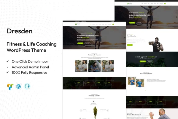 Dresden fitness WordPress theme preview with gym and personal trainer page layouts