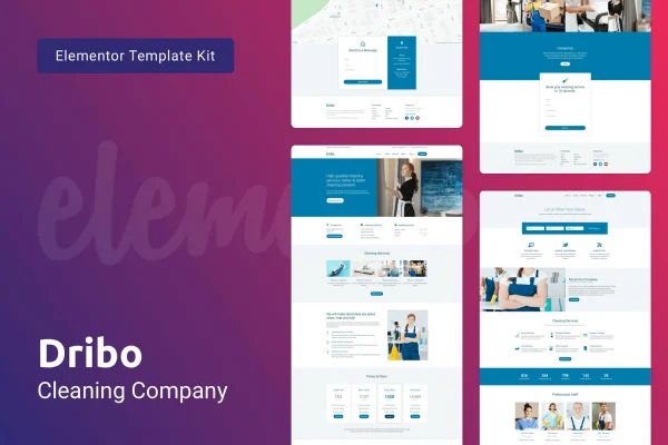 Dribo cleaning company Elementor template kit cover showing page layouts
