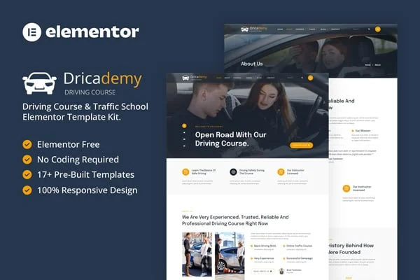 Dricademy driving school Elementor template kit cover image