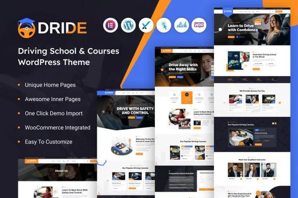 Dride driving school WordPress theme cover image showing homepage design