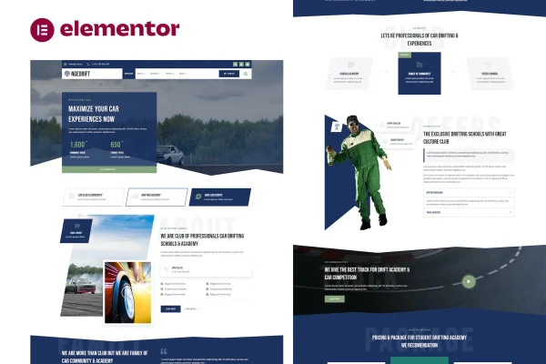 Drifting School Academy & Car Club Elementor template kit cover with car-themed page layouts