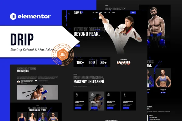 Drip boxing school and martial arts Elementor template kit cover image