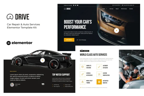 Drive car repair and auto service Elementor template kit preview