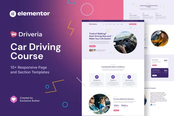 Driveria car driving course Elementor template kit preview