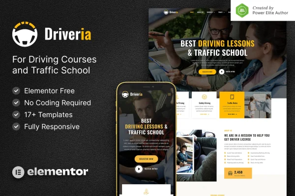 Driveria driving course and traffic school Elementor template kit preview