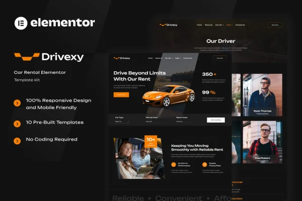 Drivexy car rental Elementor template kit cover image