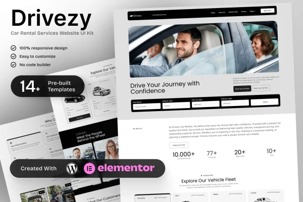 Drivezy car rental services Elementor template kit cover image