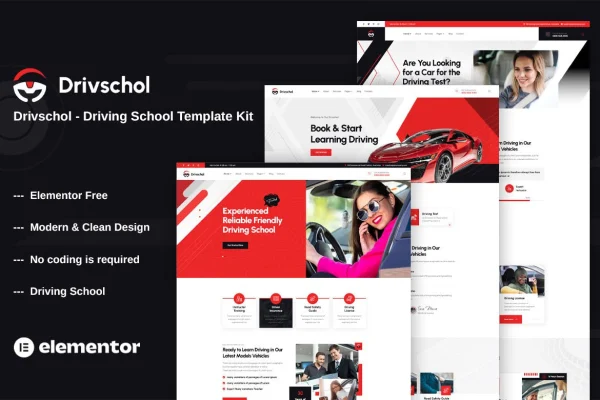 Drivschol driving school Elementor template kit cover showing website page layouts