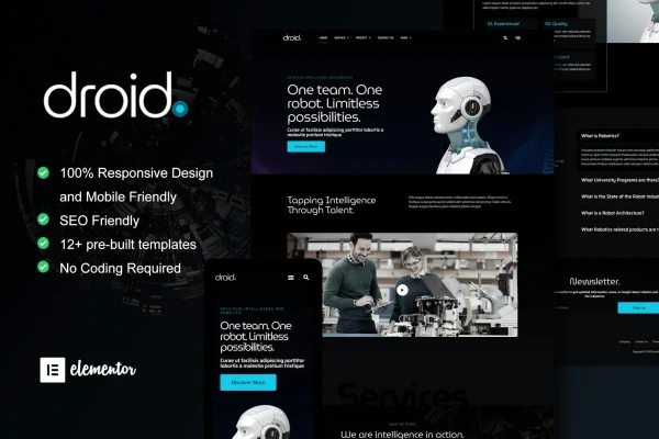 Droid robotics and technology Elementor template kit cover with dark page layouts