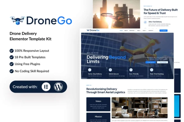 DroneGo drone delivery Elementor template kit cover image