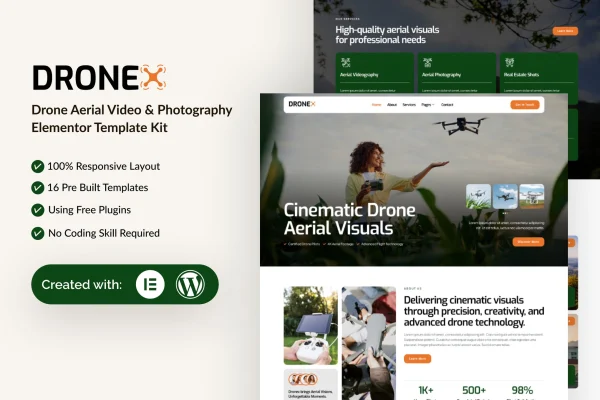 Dronex Elementor template kit cover showing a drone aerial photography website layout