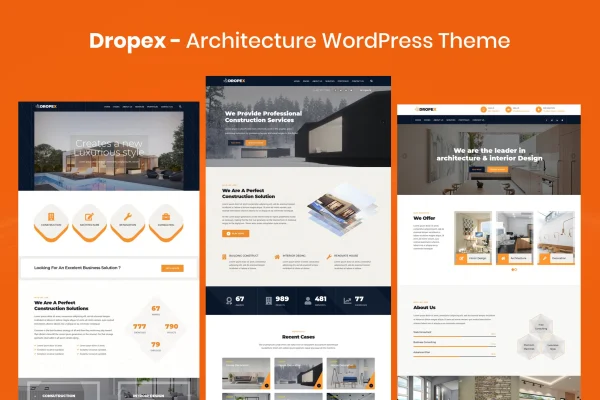 Dropex architecture WordPress theme preview with project portfolio layout