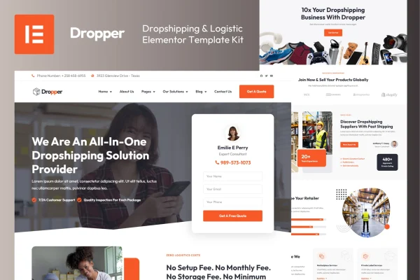 Dropper dropshipping and logistics Elementor template kit preview