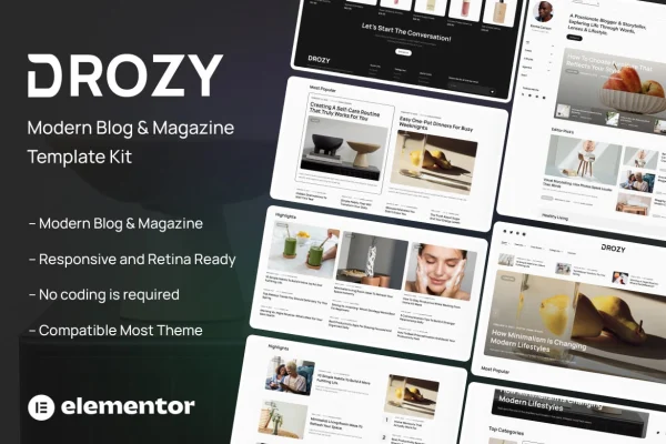 Drozy blog and magazine Elementor template kit cover image
