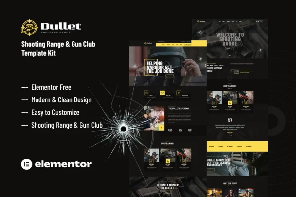 Dullet shooting range and gun club Elementor template kit preview with dark design