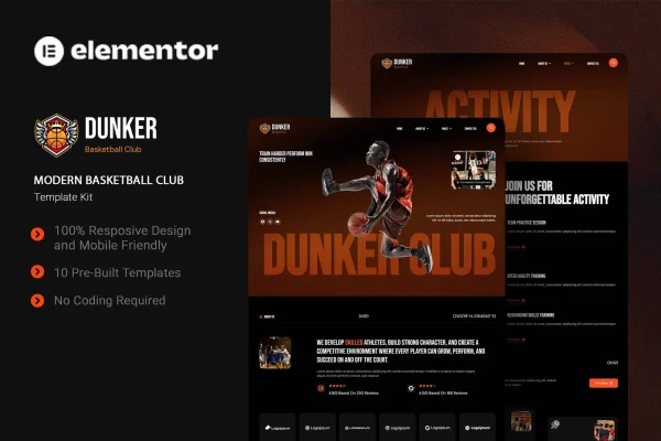Dunker basketball club Elementor template kit cover showing sporty page layouts