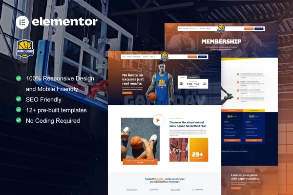 DunkSquad basketball team Elementor template kit preview