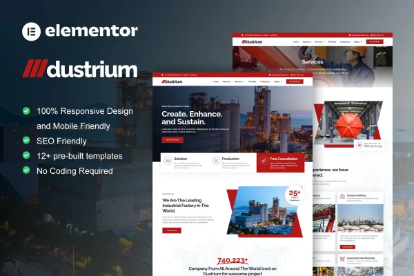 Dustrium industrial and manufacturing Elementor Pro template kit preview