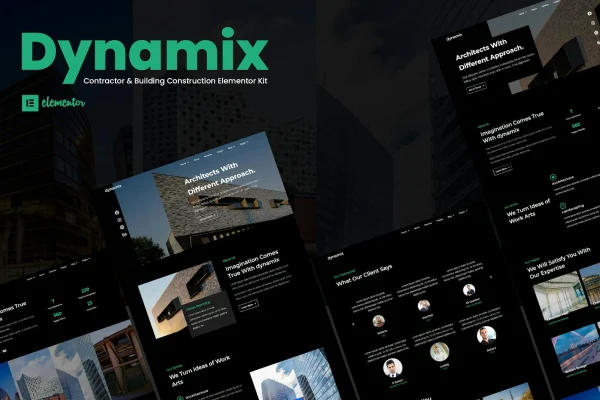Dynamix architecture Elementor template kit page previews