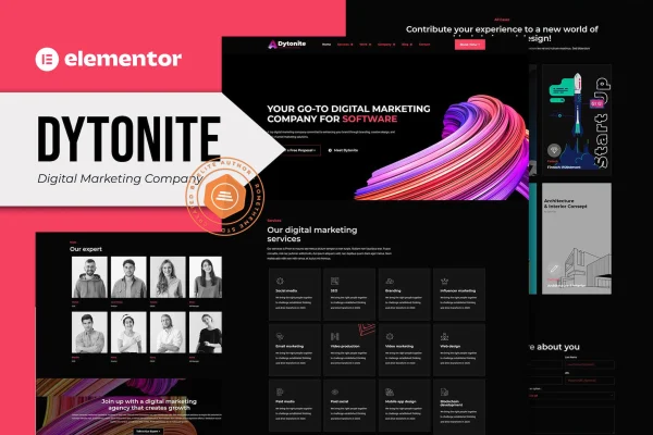 Dytonite digital marketing Elementor Pro template kit preview with dark page layouts