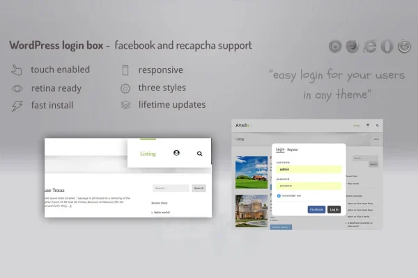 DZS Facebook Login Box plugin banner showing a login lightbox popup