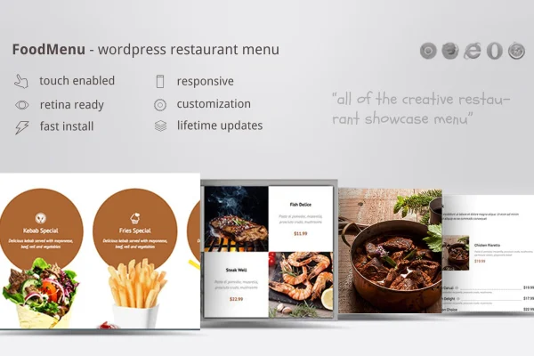 DZS Restaurant Menu plugin banner showing a WooCommerce restaurant menu layout
