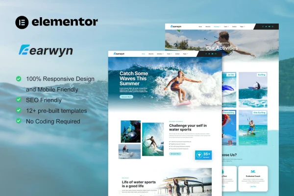 Earwyn water sports and surfing Elementor template kit preview