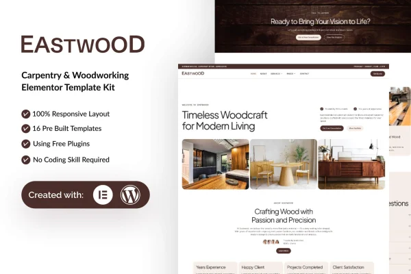 Eastwood carpentry and woodworking Elementor template kit preview