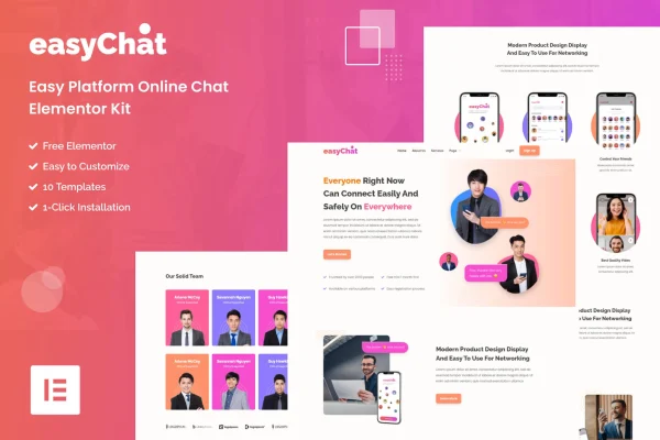 EasyChat Elementor template kit preview for an online chat app startup website