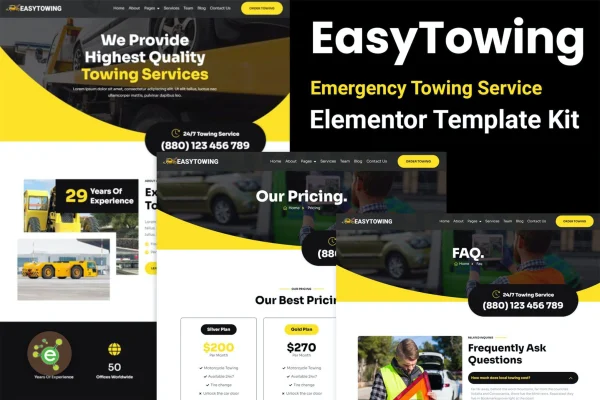 EasyTowing Elementor template kit preview for an emergency towing service website