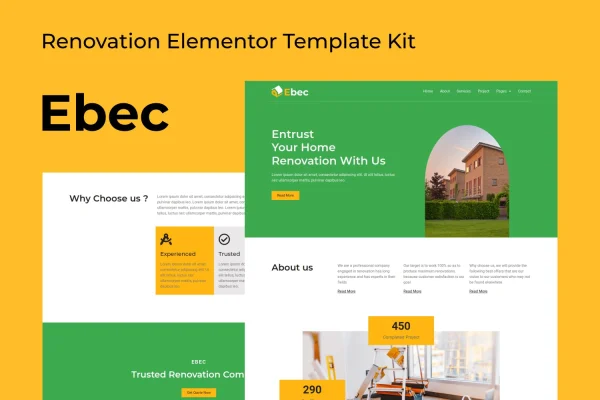 Ebec renovation Elementor template kit cover showing construction website page designs