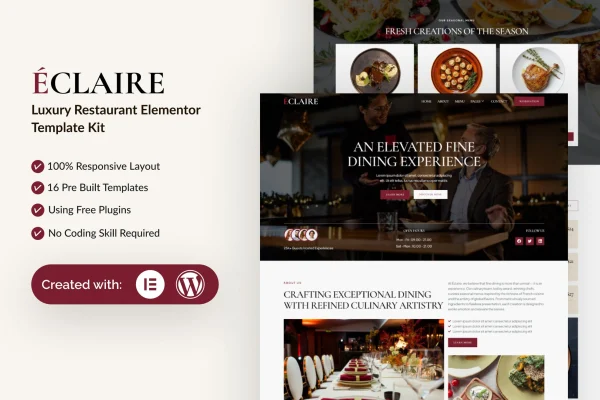Eclaire luxury restaurant Elementor template kit preview