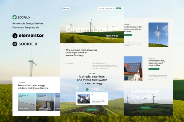 Ecoflux renewable energy and solar panel Elementor template kit preview