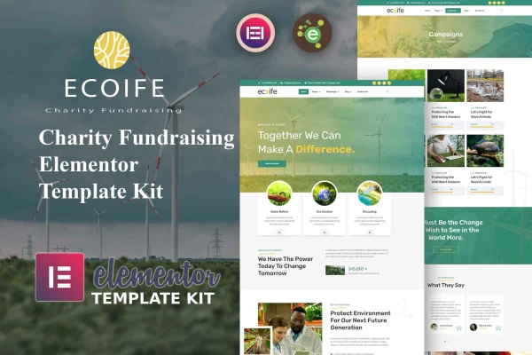 Ecoife charity fundraising Elementor template kit page previews