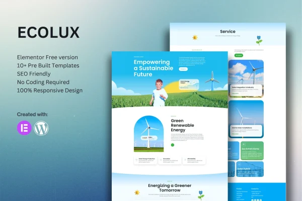 Ecolux renewable energy Elementor template kit cover showing green energy website pages