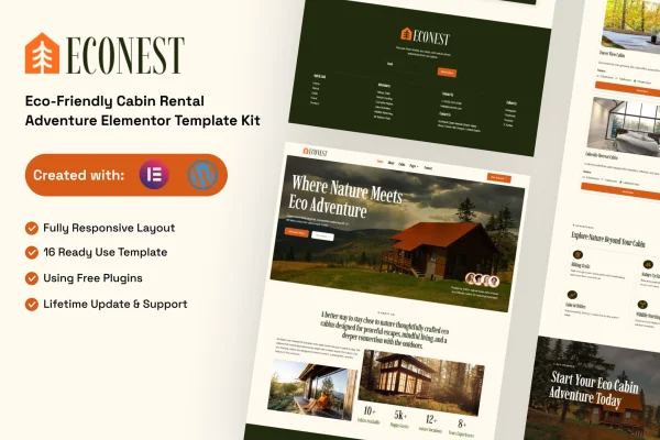 Econest eco-friendly cabin rental Elementor template kit preview