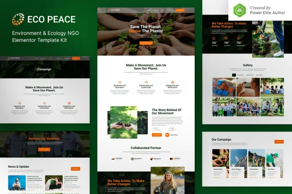 EcoPeace environment and ecology NGO Elementor template kit preview