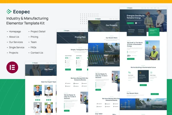 Ecopec solar and renewable energy Elementor template kit page previews