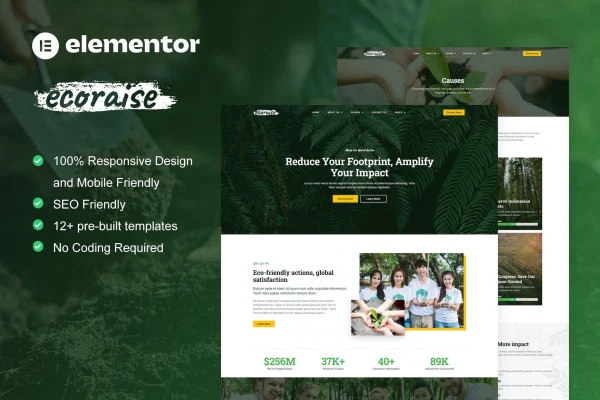 EcoRaise environmental charity and nonprofit Elementor template kit preview