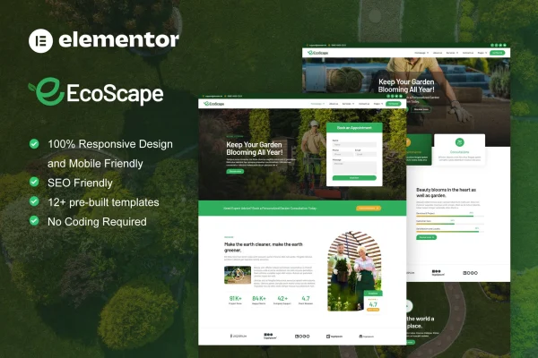EcoScape gardening and landscape Elementor Pro template kit preview