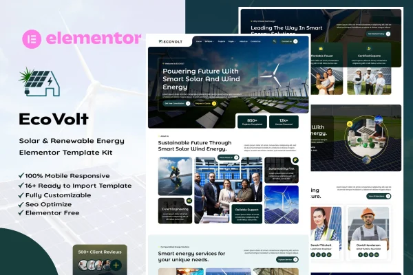 EcoVolt solar and renewable energy Elementor template kit preview