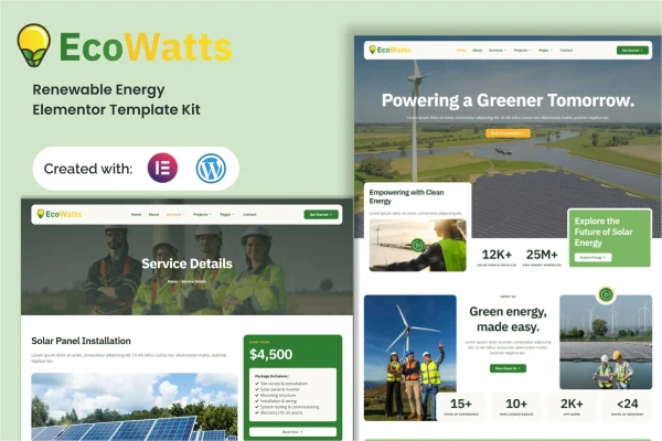 Ecowatts renewable energy Elementor template kit cover image
