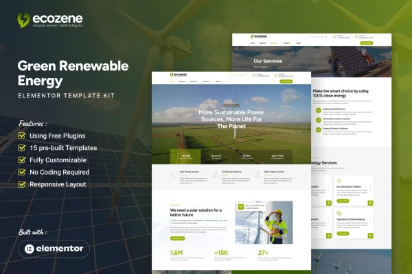 Ecozene green renewable energy Elementor template kit cover