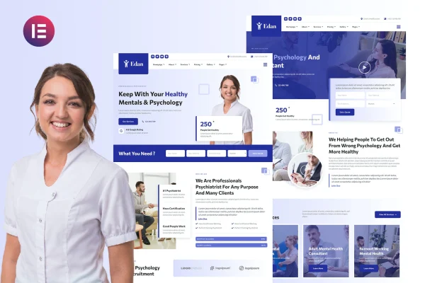 Edan psychology and consultant Elementor template kit page previews